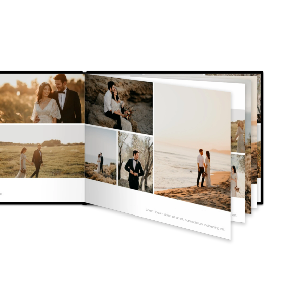 Fotoboek XL liggend fotopapier zwart lederen kaft platliggende binding Fotoboek XL liggend fotopapier zwart lederen kaft platliggende binding