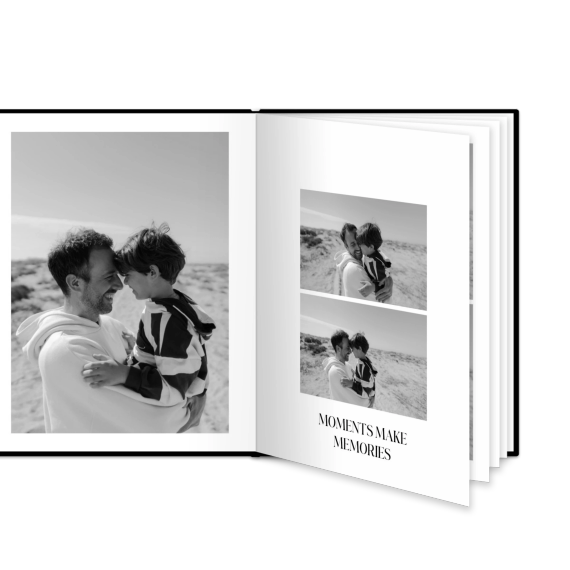 Fotoboek L staand zwart lederen kaft platliggende binding