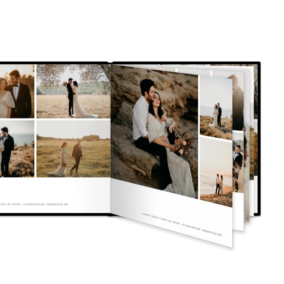 Fotoboek XL vierkant zwart lederen kaft platliggende binding Fotoboek XL vierkant zwart lederen kaft platliggende binding