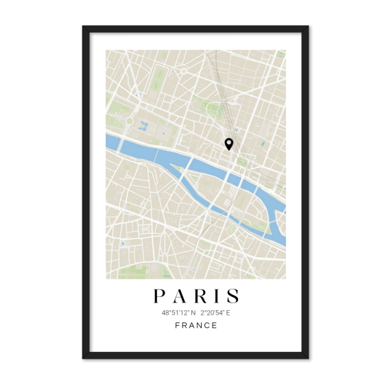 Affiche carte avec cadre noir 50 x 75 Affiche carte avec cadre noir 50 x 75