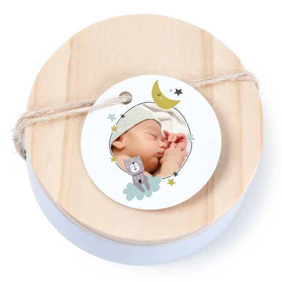 Tin box wooden lid round label - set of 12 Tin box wooden lid round label - set of 12