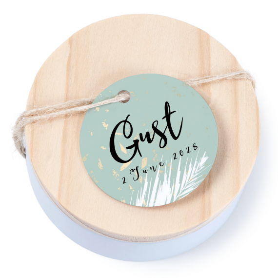 Geschenkdose mit graviertem Holzdeckel und runden Stickern- 12 Stk. Geschenkdose mit graviertem Holzdeckel und runden Stickern- 12 Stk.