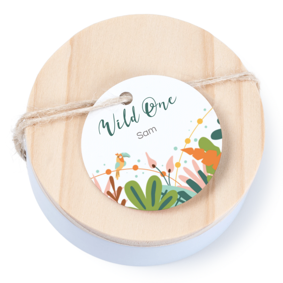 Tin box wooden lid round label - set of 12 Tin box wooden lid round label - set of 12