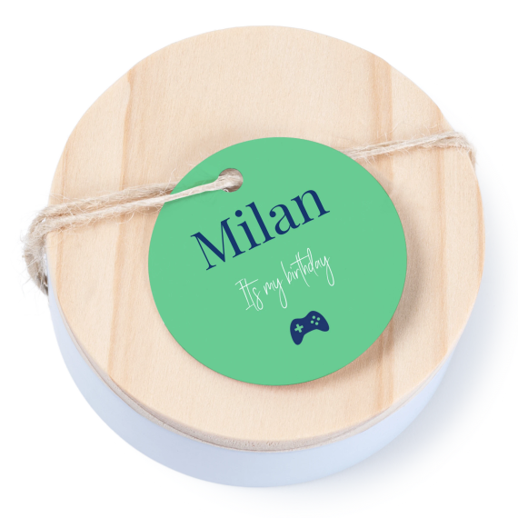 Tin box wooden lid round label - set of 12 Tin box wooden lid round label - set of 12