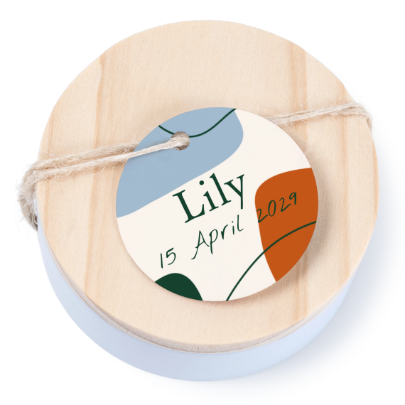 Tin box wooden lid round label - set of 12 Tin box wooden lid round label - set of 12