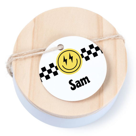 Tin box wooden lid round label - set of 12 Tin box wooden lid round label - set of 12