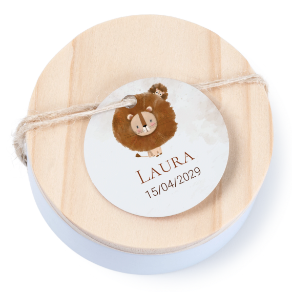 Tin box wooden lid round label - set of 12 Tin box wooden lid round label - set of 12