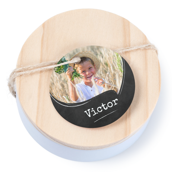 Tin box wooden lid round label - set of 12 Tin box wooden lid round label - set of 12
