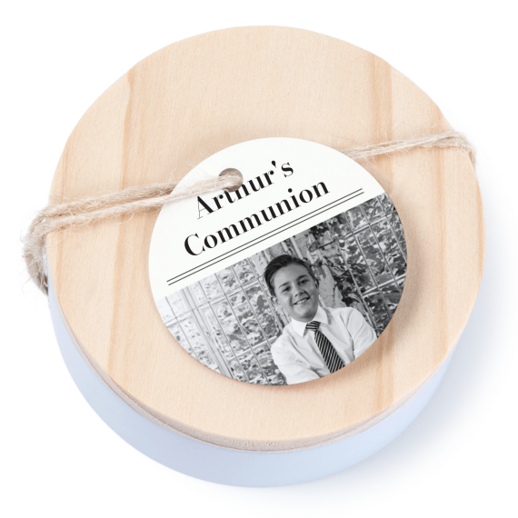 Tin box wooden lid round label - set of 12