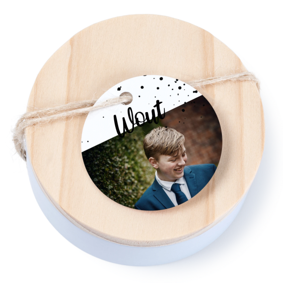 Tin box wooden lid round label - set of 12 Tin box wooden lid round label - set of 12