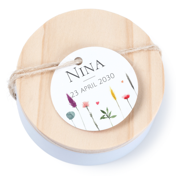 Boßtes en métal avec couvercle en bois sticker rond (lot de 12) Boßtes en métal avec couvercle en bois sticker rond (lot de 12)