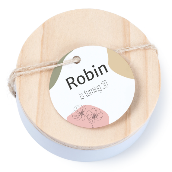 Tin box wooden lid round label - set of 12 Tin box wooden lid round label - set of 12