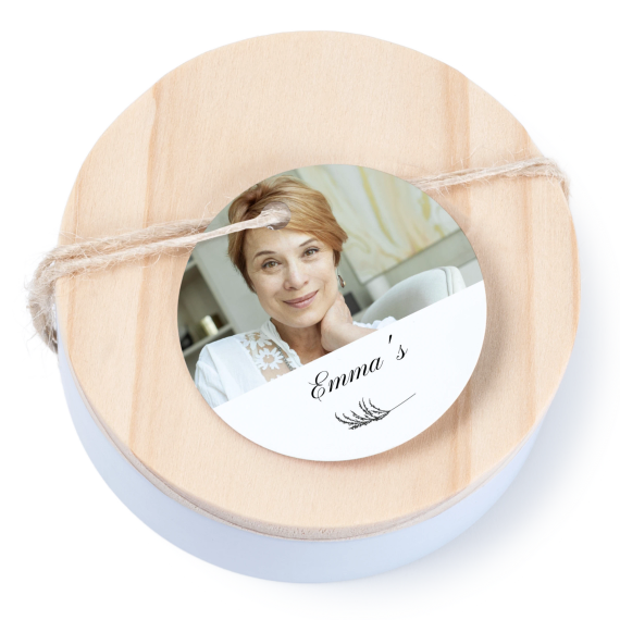 Tin box wooden lid round label - set of 12 Tin box wooden lid round label - set of 12