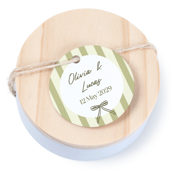Geschenkdose mit graviertem Holzdeckel und runden Stickern- 12 Stk.