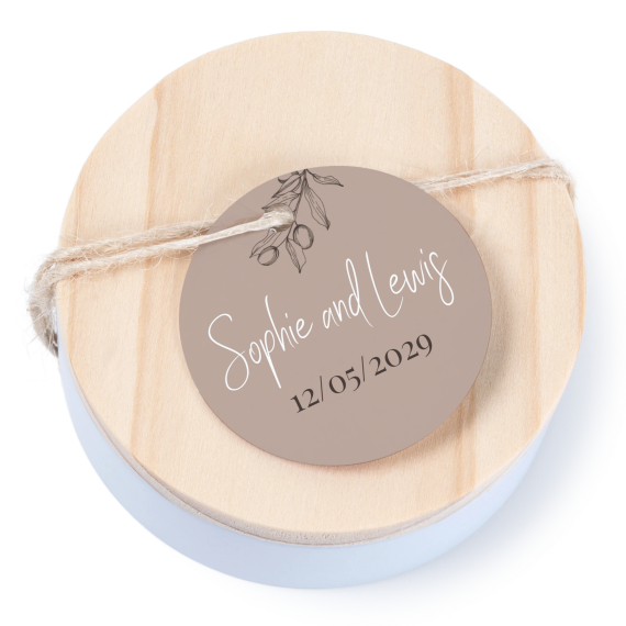 Geschenkdose mit graviertem Holzdeckel und runden Stickern- 12 Stk. Geschenkdose mit graviertem Holzdeckel und runden Stickern- 12 Stk.