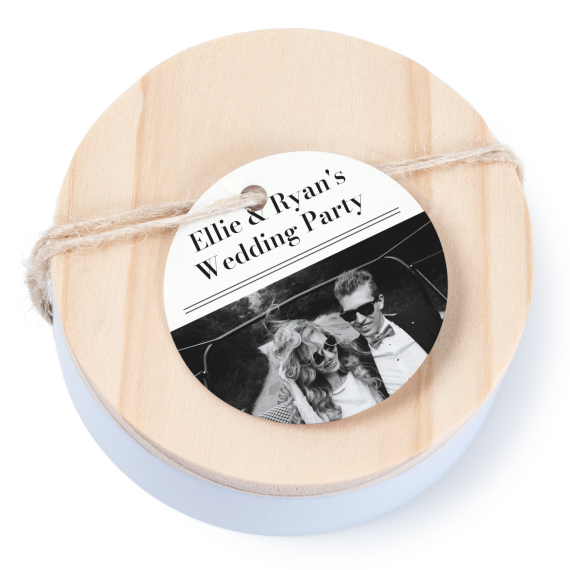 Geschenkdose mit graviertem Holzdeckel und runden Stickern- 12 Stk. Geschenkdose mit graviertem Holzdeckel und runden Stickern- 12 Stk.