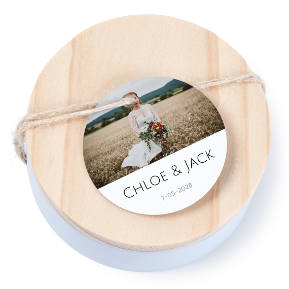 Tin box wooden lid round label - set of 12 Tin box wooden lid round label - set of 12