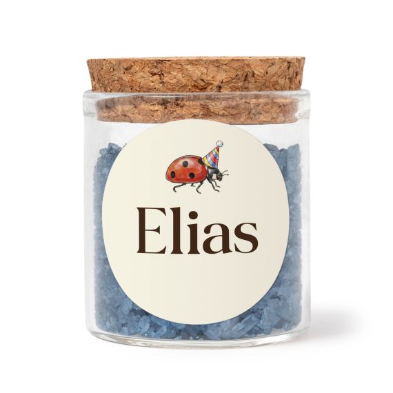 Glasburkar med runda klistermÀrken och blÄtt badsalt - 12 st Glasburkar med runda klistermÀrken och blÄtt badsalt - 12 st