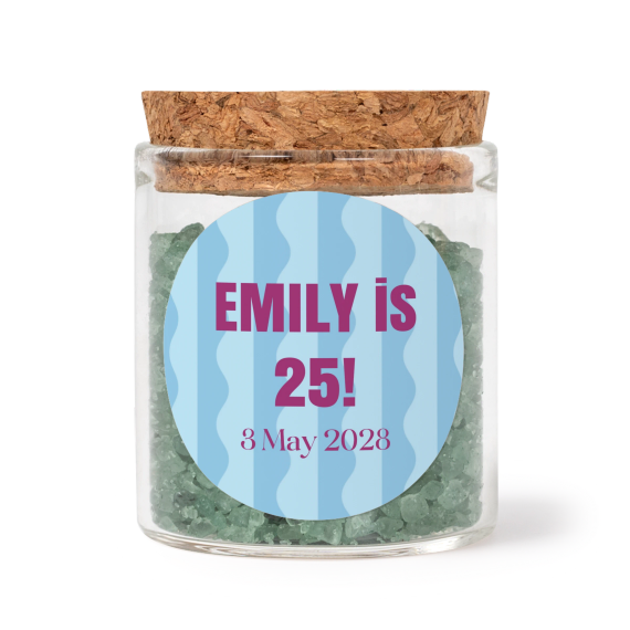 Glass jars with round stickers and green bath salt - set of 12 Glass jars with round stickers and green bath salt - set of 12