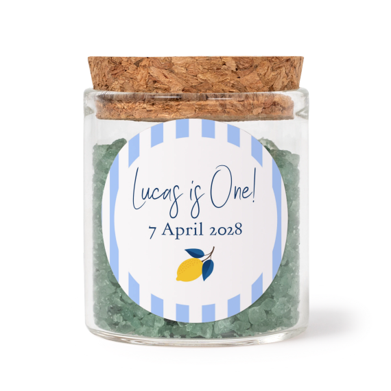Glass jars with round stickers and green bath salt - set of 12 Glass jars with round stickers and green bath salt - set of 12