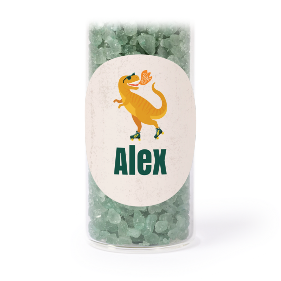 Glass tubes with round stickers & green bath salt - set of 12 Glass tubes with round stickers & green bath salt - set of 12