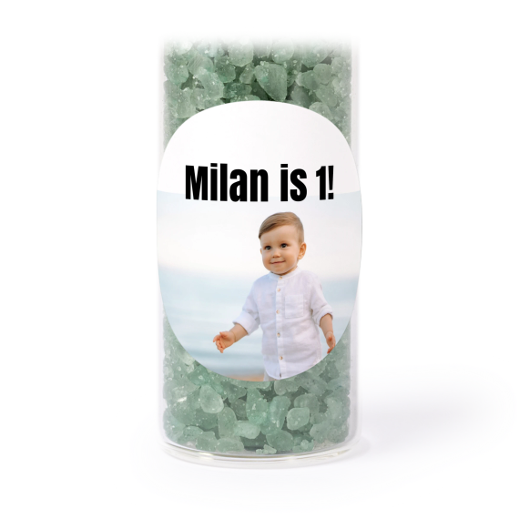 Tube avec sticker rond & sel de bain vert (lot de 12) Tube avec sticker rond & sel de bain vert (lot de 12)
