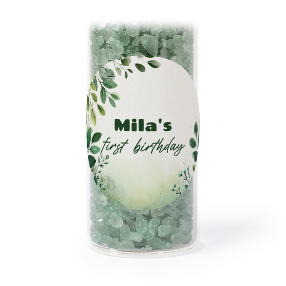 Glass tubes with round stickers & green bath salt - set of 12 Glass tubes with round stickers & green bath salt - set of 12