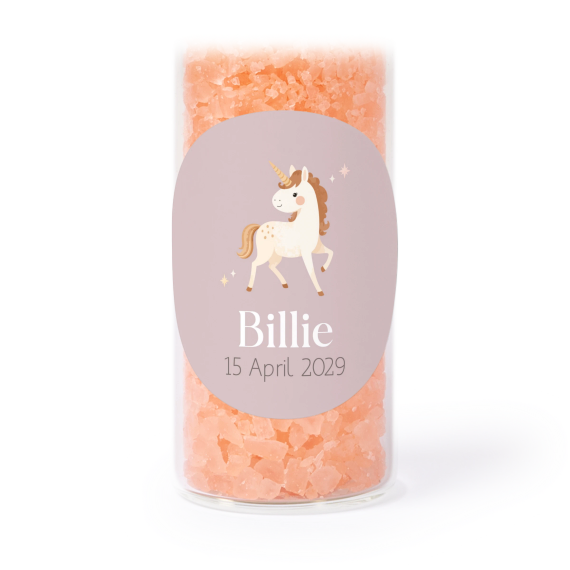 Glass tubes with round stickers & pink bath salt - set of 12 Glass tubes with round stickers & pink bath salt - set of 12