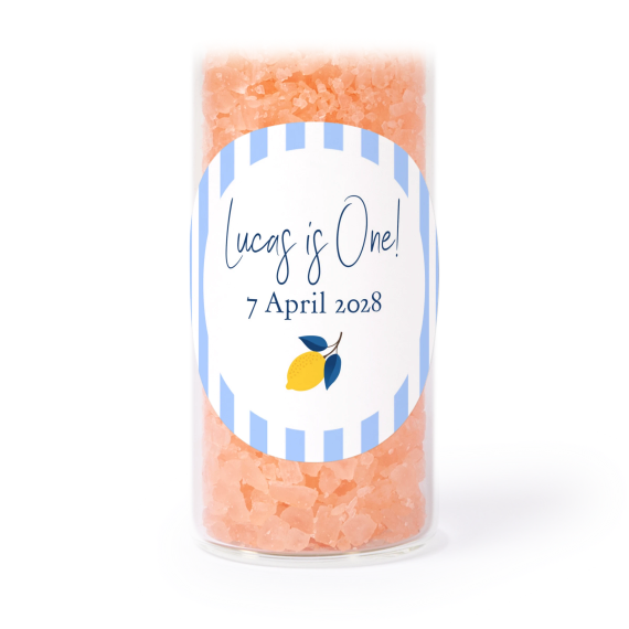 Glass tubes with round stickers & pink bath salt - set of 12
