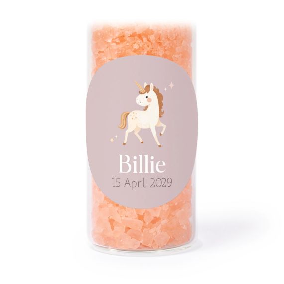 Glazen buisjes met ronde stickers & roze badzout - set van 12