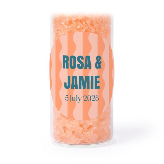 Glazen buisjes met ronde stickers & roze badzout - set van 12 Glazen buisjes met ronde stickers & roze badzout - set van 12