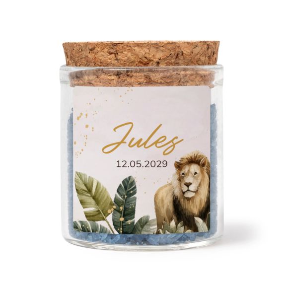 Glass jars with square stickers and blue bath salt - set of 12 Glass jars with square stickers and blue bath salt - set of 12