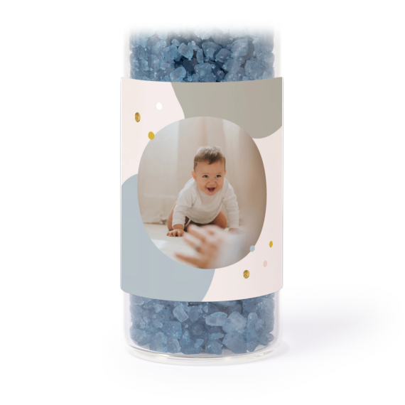 Glazen buisjes met vierkante stickers & blauw badzout (set van 12) Glazen buisjes met vierkante stickers & blauw badzout (set van 12)