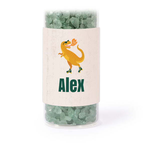 Glass tubes with square stickers & green bath salt - set of 12 Glass tubes with square stickers & green bath salt - set of 12