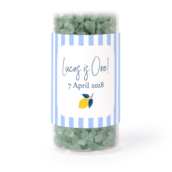 Glass tubes with square stickers & green bath salt - set of 12