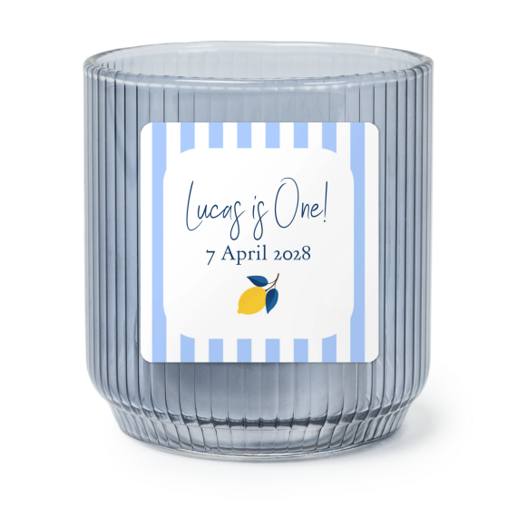 Personalised Blue Glass Tealight Holder with Square Stickers – Set of 6